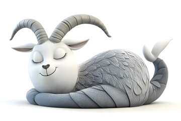 A stylized, cartoonish sleeping goat with curled horns and a fluffy body.