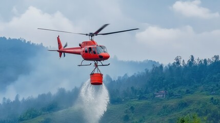 A helicopter drops water from a bucket to combat a fire in a mountainous area.