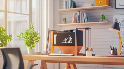 cozy home office featuring 3D printer in action, surrounded by plants and natural light, creating inspiring workspace for creativity and innovation