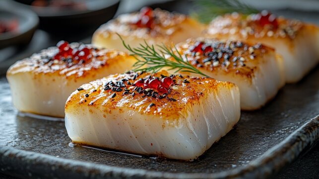 Pan-seared cod fillets with caviar and sesame seeds.