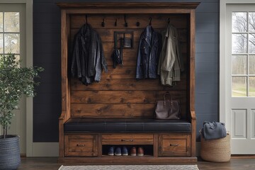 Elegant hall tree with shoe storage and coat rack in stylish room, featuring metal frame and black leather bench for fashionable home decor.