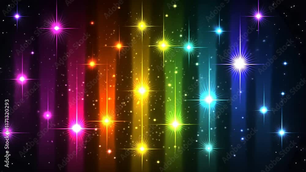Poster Vibrant abstract background with colorful light rays and stars creates dynamic energy, evoking joy and wonder in mesmerizing cosmic design perfect for digital art projects.