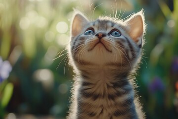 Obraz premium Kitten gazes upward, nature bokeh.