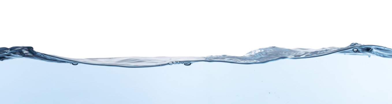 isolated rippled waterline on white background with underwater view closeup, abstract background texture banner with copy space