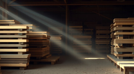 Obraz premium Stacks of Wood Illuminated by Rays of Sunlight in a Warehouse