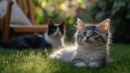 Obraz premium Kitten and cat bask in sunny garden.
