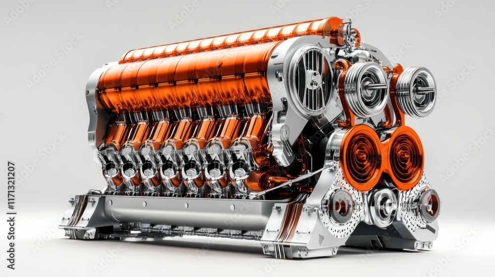 Poster a highly detailed and stylized engine model showcasing intricate design and mechanics.