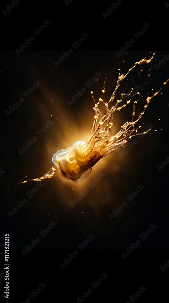 Poster golden liquid explodes in a dramatic splash against a dark background. a mesmerizing display of moti