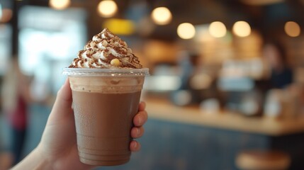Iced mocha topped with whipped cream and cocoa in a plastic cup held.