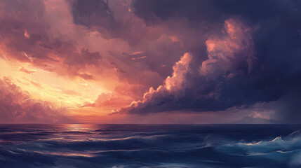 dramatic view of storm rolling in over ocean, showcasing vibrant colors in sky as sun sets. waves crash against shore, creating sense of awe and beauty