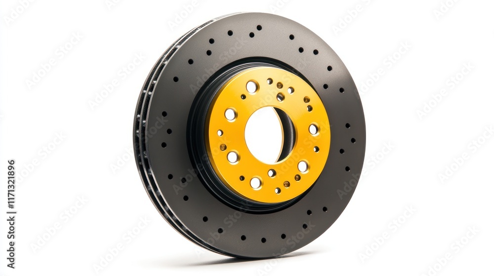 Poster a high-performance brake rotor with a yellow accent, designed for automotive applications.
