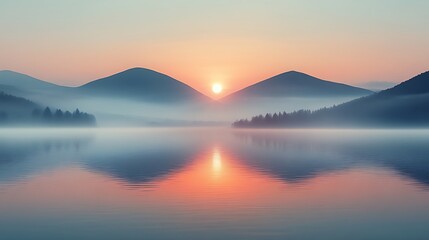 Serene sunrise over misty lake and mountains.