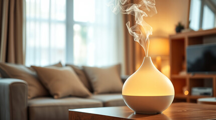 A warmly lit modern living room featuring an active essential oil diffuser creating a calming ambiance.
