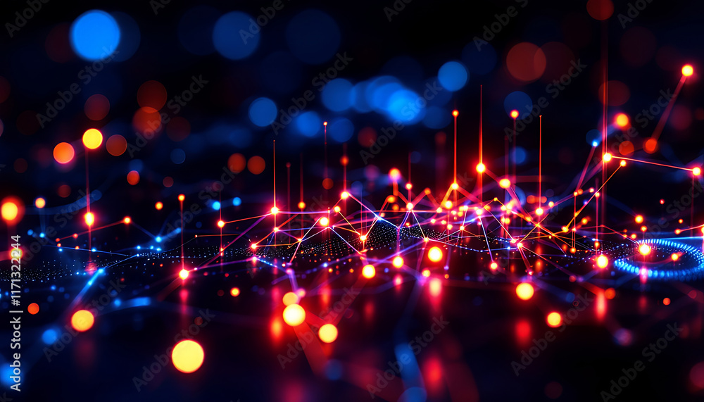 Poster dynamic abstract digital art representing the interconnectivity of data with vibrant colors and ligh