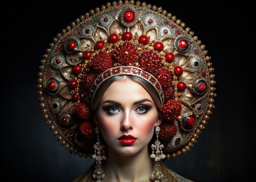 Russian beauty, kokoshnik grace, watercolor artistry. Dark background.
