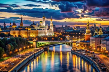 Fototapeta premium Russia's urban landscapes glow: mesmerizing night views of illuminated buildings and breathtaking architecture.