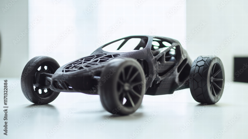 Poster futuristic vehicle prototype made with 3d printing technology, showcasing innovative design and adva
