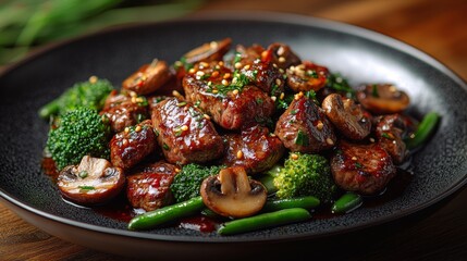 Sizzling beef steak cubes with broccoli, mushrooms, and green beans in a savory sauce.