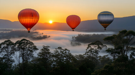Obraz premium Three hot air balloons soar above a misty valley at sunrise.