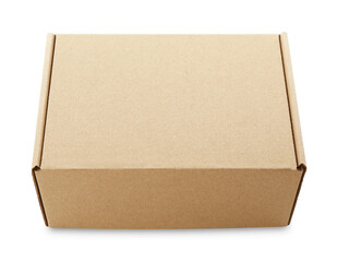 One closed cardboard box isolated on white. Mockup for design