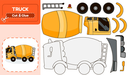Printable Cut and Glue Game for Kids to Assemble a Concrete Mixer Truck Car