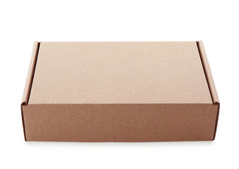 One closed cardboard box isolated on white. Mockup for design