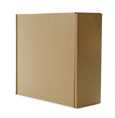 One closed cardboard box isolated on white. Mockup for design