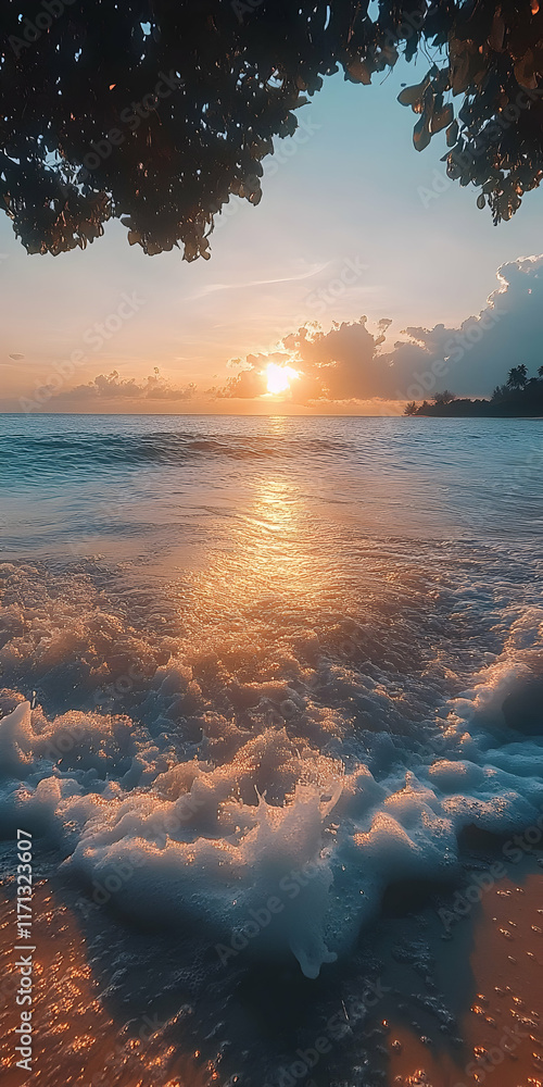 Poster sunset over ocean waves viewed from under tree branches.