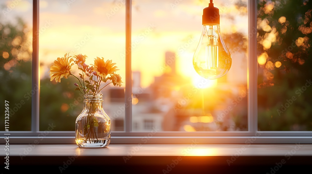 Poster sunset view through window with flowers and lightbulb.