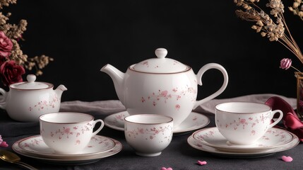 Fototapeta premium Elegant tea set with floral designs, perfect for serving tea.