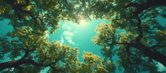 Fototapeta premium Sunlight through lush green canopy of trees.