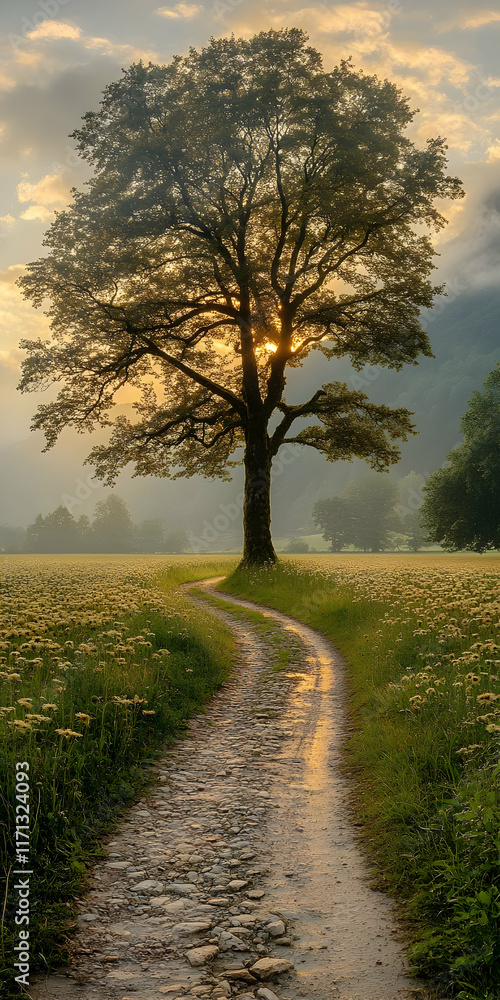 Poster serene sunset landscape with a tree and winding path through a field.