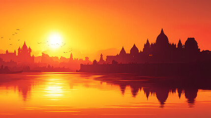 Fototapeta premium Sunset over the ganges river, with the golden light reflecting on the water and distant silhouettes of temples. Twilit. Illustration