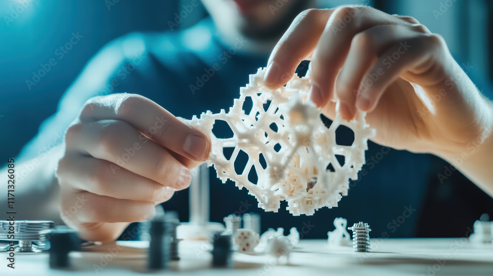 Aufkleber person assembling 3d printed model, showcasing hands on creativity and intricate design. focus is on