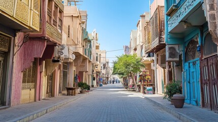 Obraz premium Quaint, colorful, narrow street lined with pastel-colored buildings, outdoor shops, and balconies. Sunny day, bright light, traditional Middle Eastern architecture.