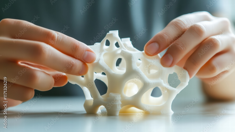 Poster person assembling 3d printed model, showcasing hands on creativity and design. intricate structure h