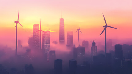Fototapeta premium Wind turbines stand tall against a hazy skyline of a bustling city at dusk with skyscrapers in the background. generative ai. Twilit. Illustration