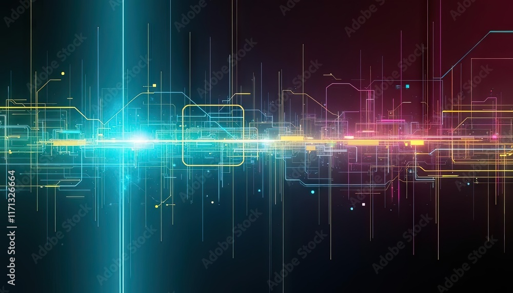 Poster abstract neon light waves and particles glowing on a dark background