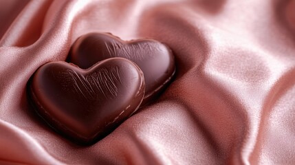 Naklejka premium Two intertwined chocolate hearts resting on a soft rose-pink silk fabric, illuminated by warm ambient light