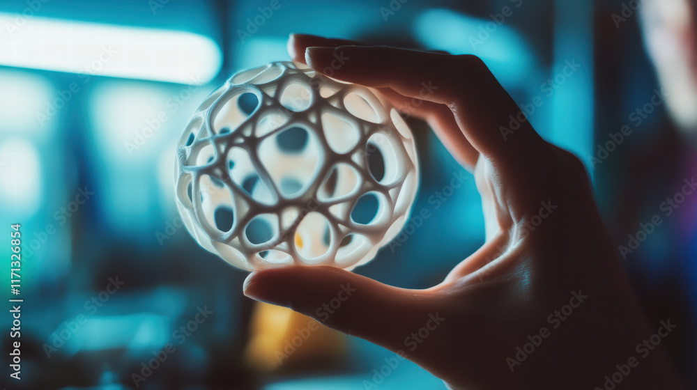 Poster person holding 3d printed object, showcasing intricate design and craftsmanship. soft lighting highl