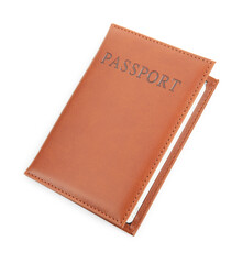 Passport in brown cover isolated on white, top view