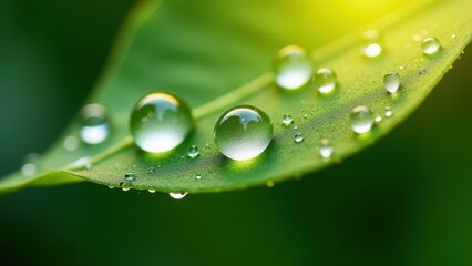 Closeup of Dew Drops on a Leaf Illuminated by Sunlight


