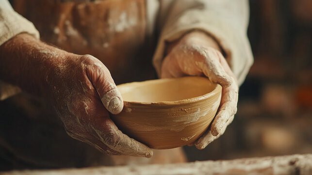Closeup of potter hands at work, creating or making the handmade ceramic bowl shape out of clay. craftsman workshop craft, skill or hobby, sculptor traditional molding.