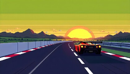 Fototapeta premium Racing car on a coastal road at sunset with colorful clouds in the sky in pixel art style