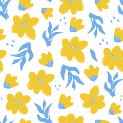 Seamless Floral Pattern with Yellow Flowers and Blue Leaves on White Background