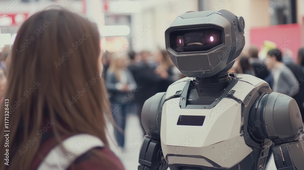 Poster a humanoid robot interacts with a person in a busy environment.