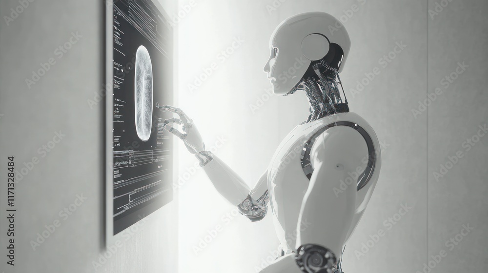 Poster A humanoid robot interacts with a digital display, suggesting advanced technology and diagnostics.