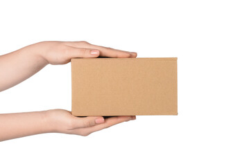 Woman with cardboard parcel box on white background, closeup