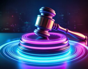 futuristic digital gavel resting on a illuminated circular block surrounded by vibrant blue and pink neon lines against a dark background representing advanced legal technology