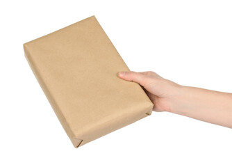Woman with parcel box on white background, closeup